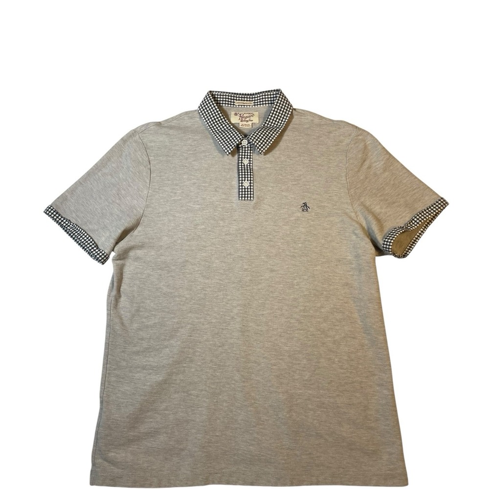 Original Penguin Mens Gray Polo Shirt Gingham Collar Short Sleeve Logo‎